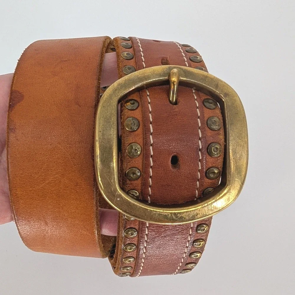 Lucky Brand Studded Leather Belt Womens 32 Brown Western Brass Buckle Boho Indie